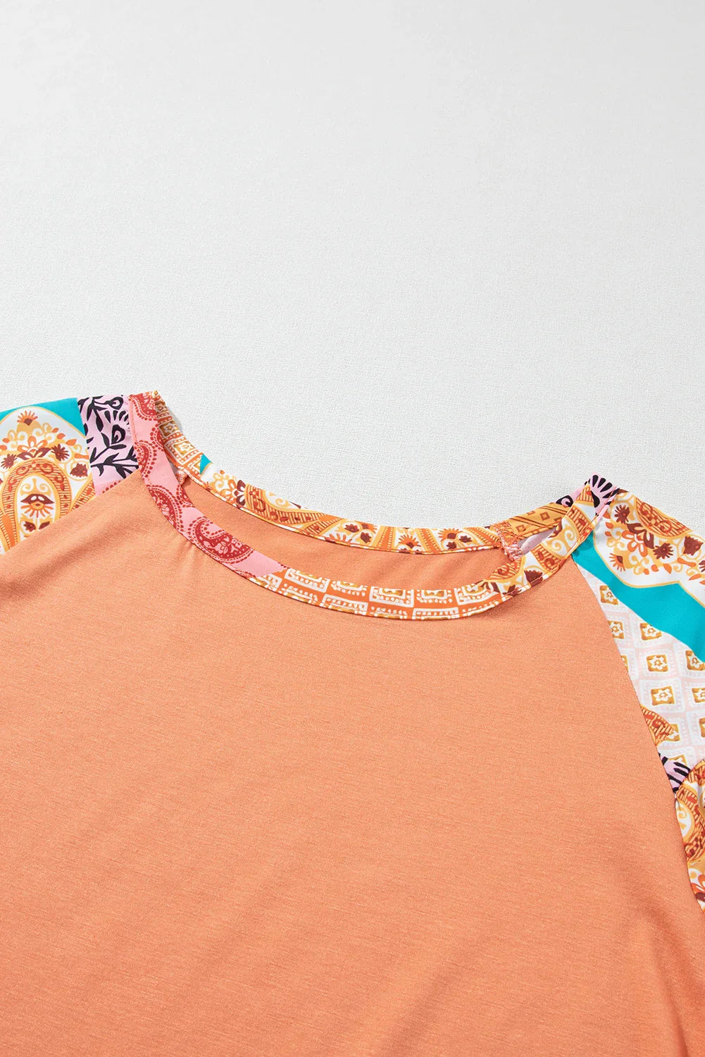 Orange Boho Paisley Mix Print Raglan Sleeve Ruffled Blouse Tops