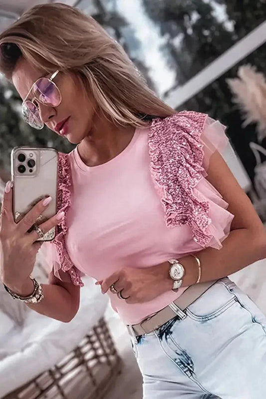 Pink Sequined Ruffle Mesh Sleeves Top shirt
