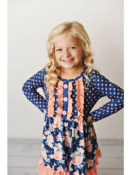 Kids Navy Coral Floral Long Sleeve Ruffle Dress Dress 14