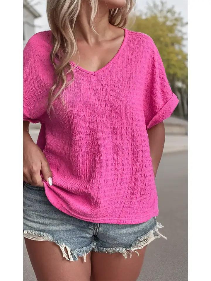 Plus Size Textured Folded Sleeve V Neck Shirt shirt