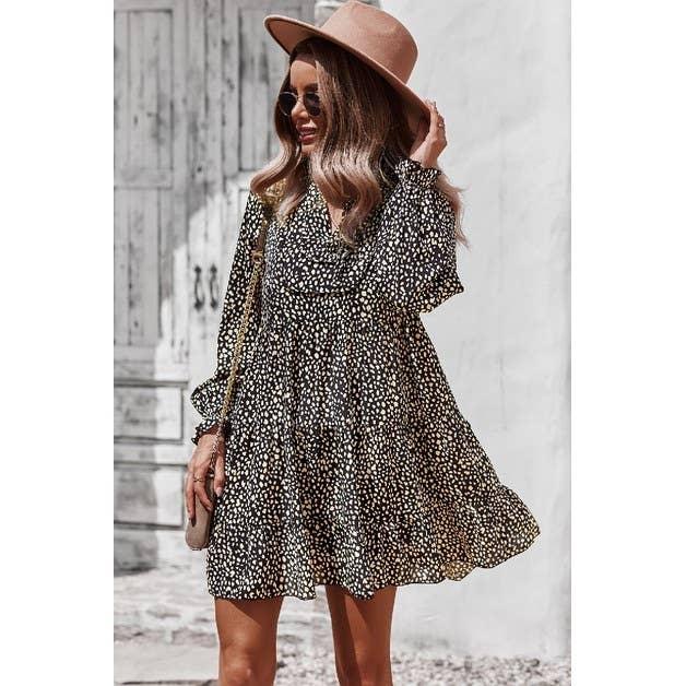 V Neck Polka Dot Long Sleeve Dress Dress