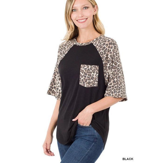 SS Leopard Raglan Sleeve Top With Pocket shirt Black