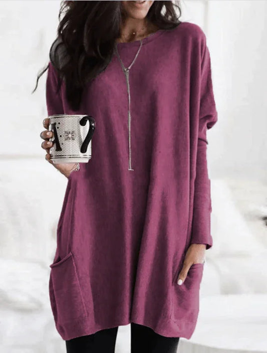 Dress Long Sleeve Round Neck Loose Top shirt Burgundy
