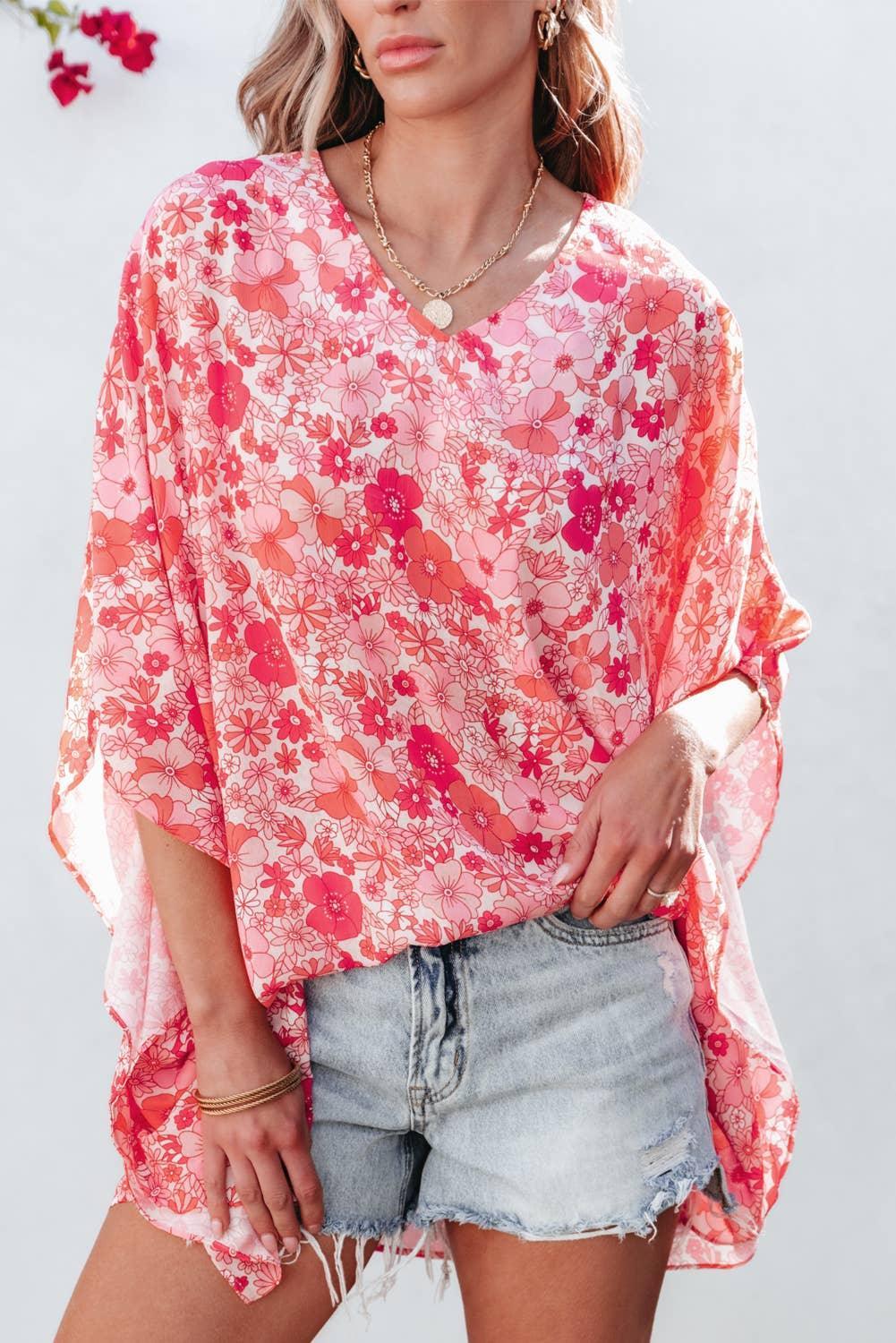 Boho Floral V Neck Kimono Style Blouse Shirt Pink
