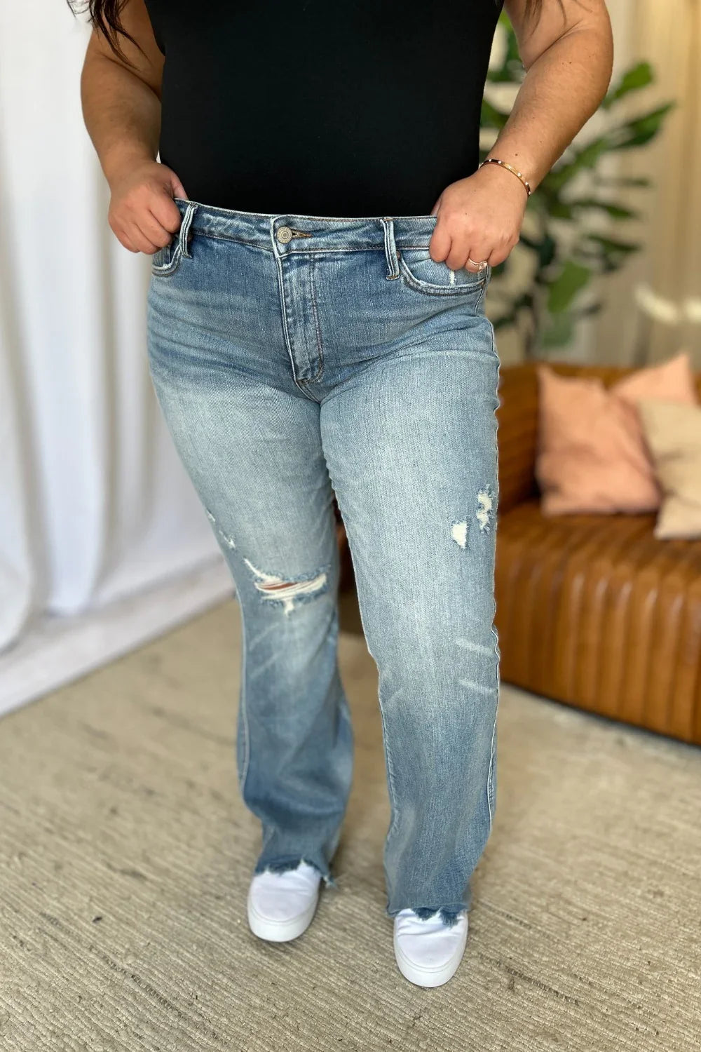 Judy Blue Full Size Medium Rise Tummy Control Destroy Flare Judy Blue