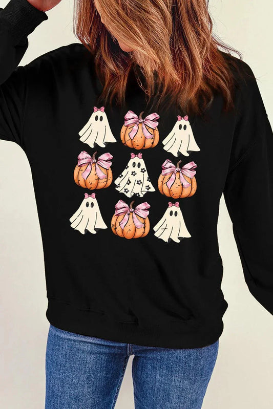 Pumpkin & Ghost Round Neck Long Sleeve Sweatshirt Graphic T-Shirts