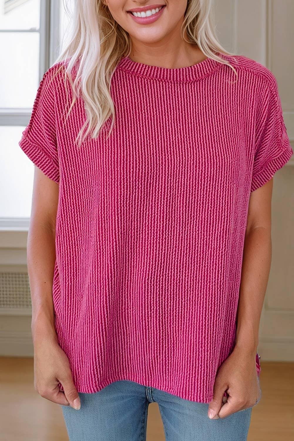 Textured Knit Exposed Stitching T-shirt Shirt Red