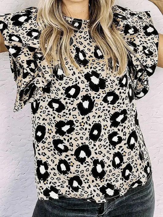 Crew Neck Ruffle Sleeves Leopard Blouse shirt