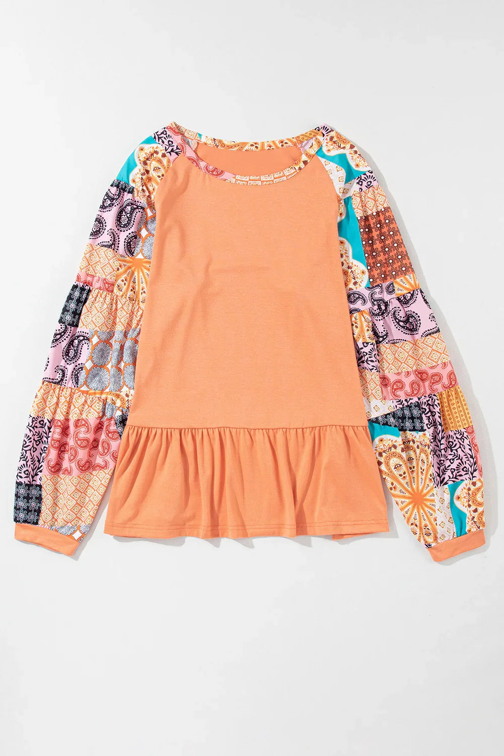 Orange Boho Paisley Mix Print Raglan Sleeve Ruffled Blouse Tops