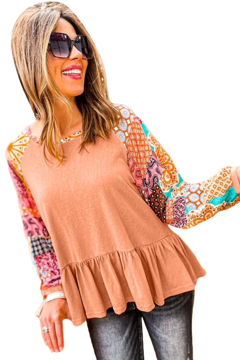 Orange Boho Paisley Mix Print Raglan Sleeve Ruffled Blouse Tops