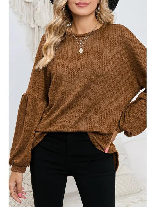 Brown Faux Knit Jacquard Puffy Long Sleeve Top shirt