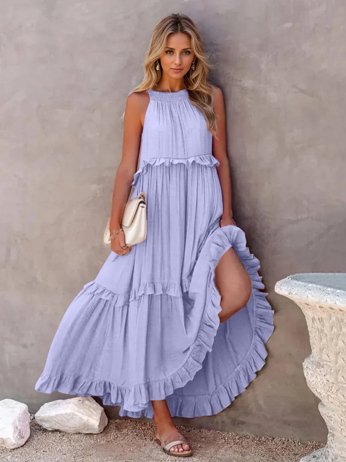 Ruffled Sleeveless Tiered Maxi Dress with Pockets Dress