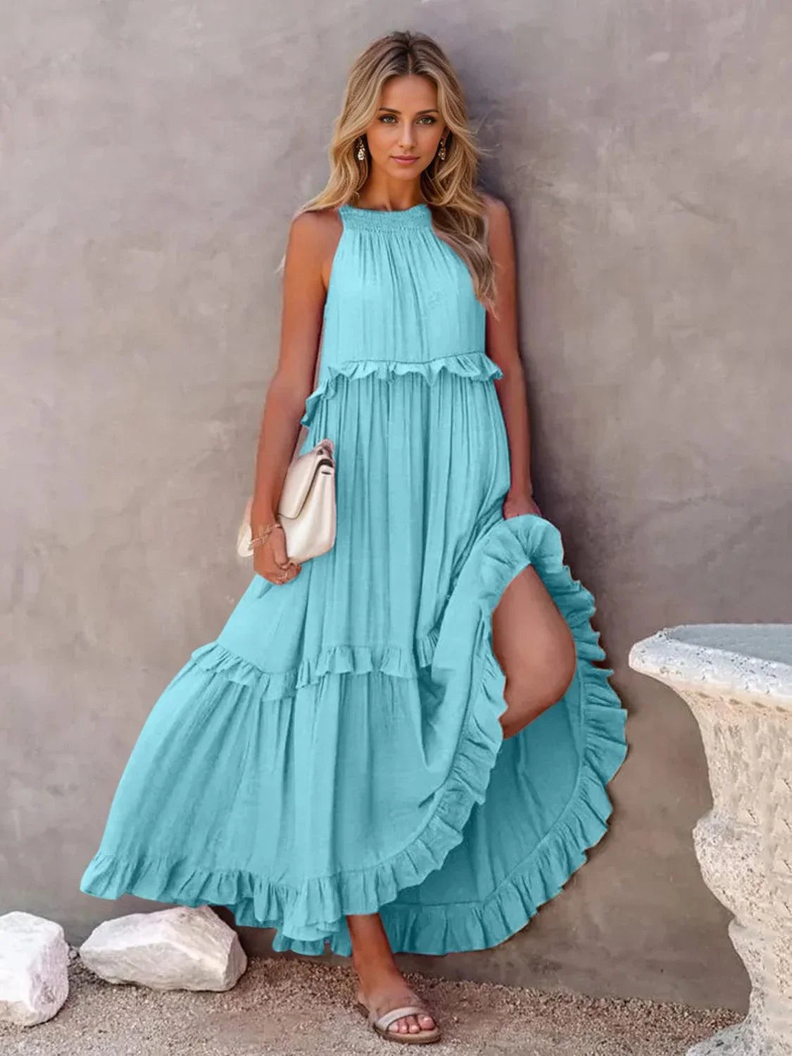 Ruffled Sleeveless Tiered Maxi Dress with Pockets Dress Sky Blue