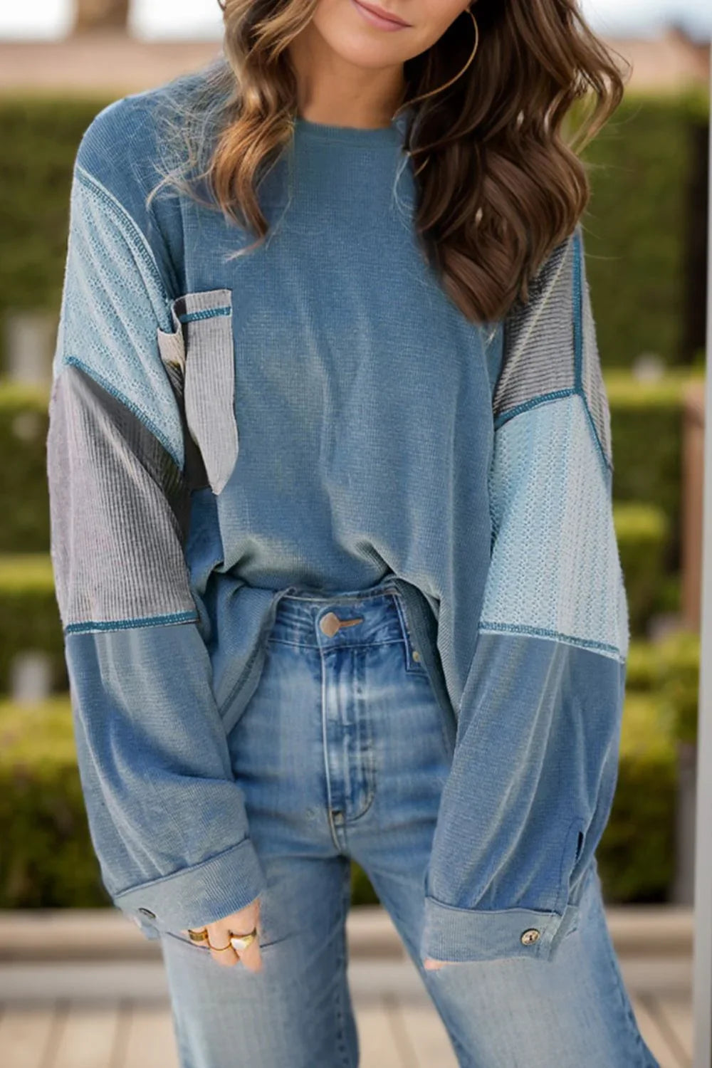 Patchwork Color Block Round Neck Long Sleeve Top Shirt Dusty Blue