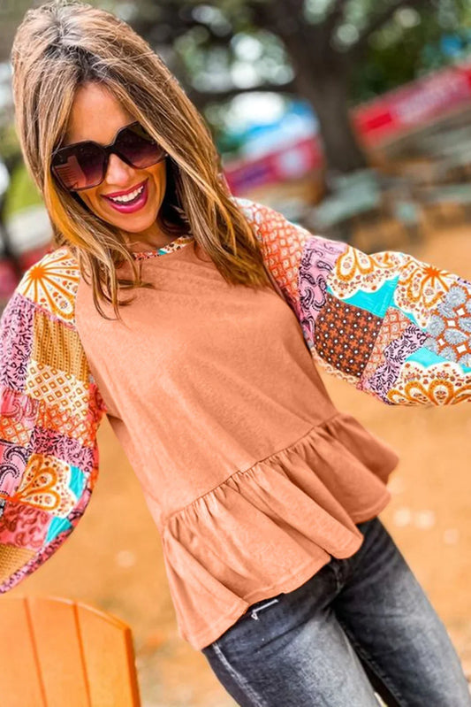 Orange Boho Paisley Mix Print Raglan Sleeve Ruffled Blouse Tops