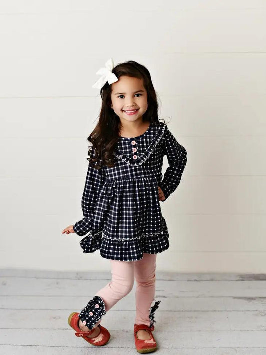 Kids Pink & Navy Gingham Check Button Ruffle Winter Pant Set Clothing Set