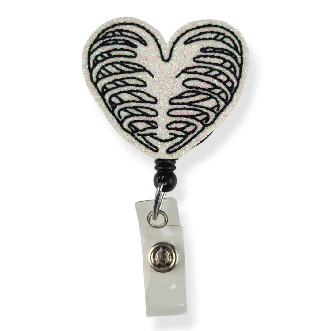 Glow in the Dark Skelly Heart Ribs Badge Pal badge reel