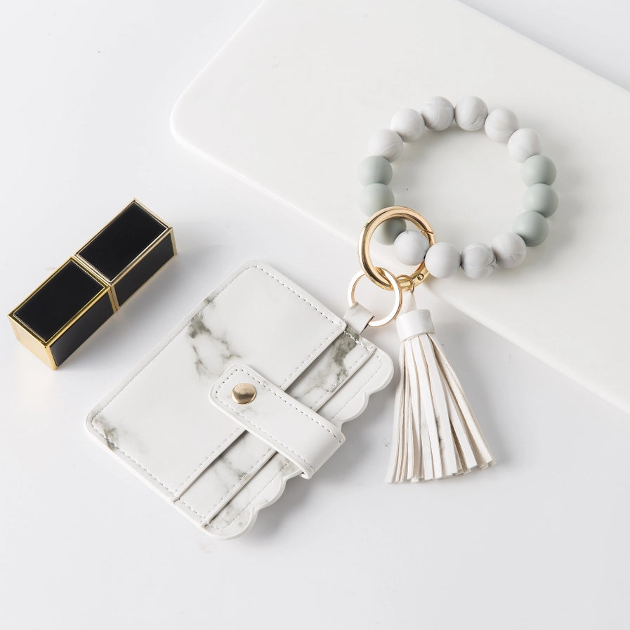 Silicone Beaded Wristlet Keychain Wallet wristlet keychain White