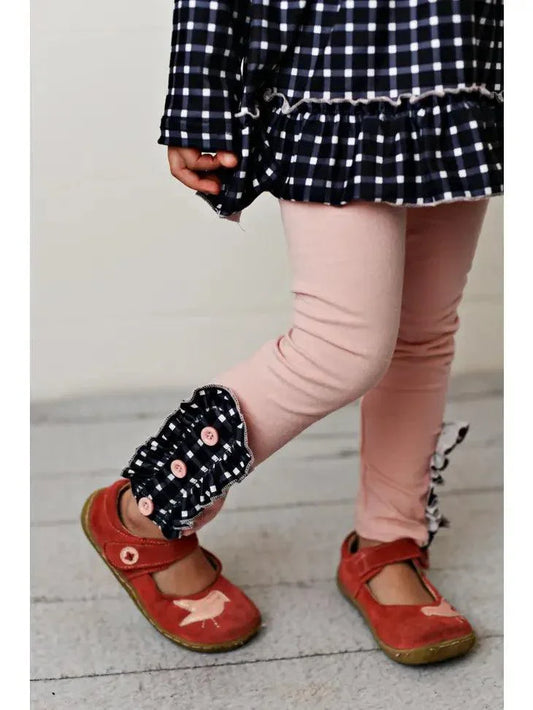 Kids Pink & Navy Gingham Check Button Ruffle Winter Pant Set Clothing Set