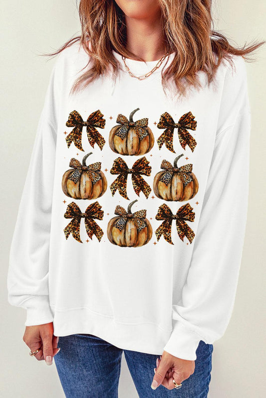 Pumpkin & Bow Graphic Long Sleeve Sweatshirt Sweatshirt White