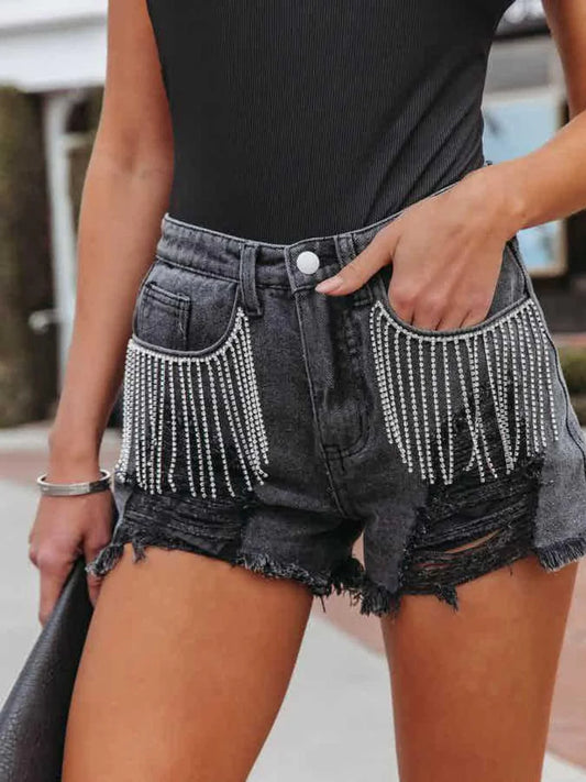 Distressed Fringe Denim Shorts with Pockets shorts Black