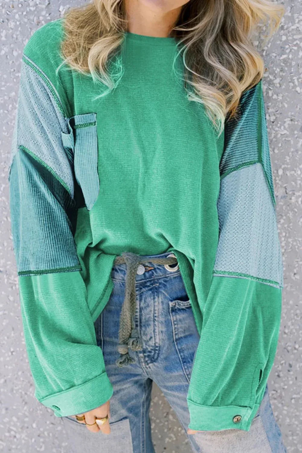Patchwork Color Block Round Neck Long Sleeve Top Shirt Green