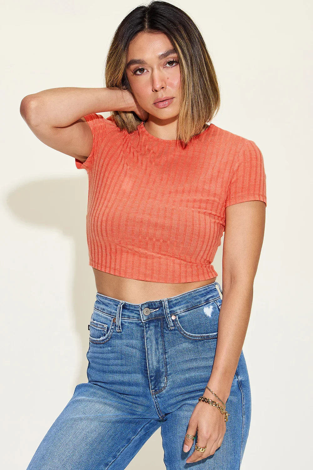 Basic Bae Full Size Ribbed Round Neck Short Sleeve T-Shirt tank top Orange