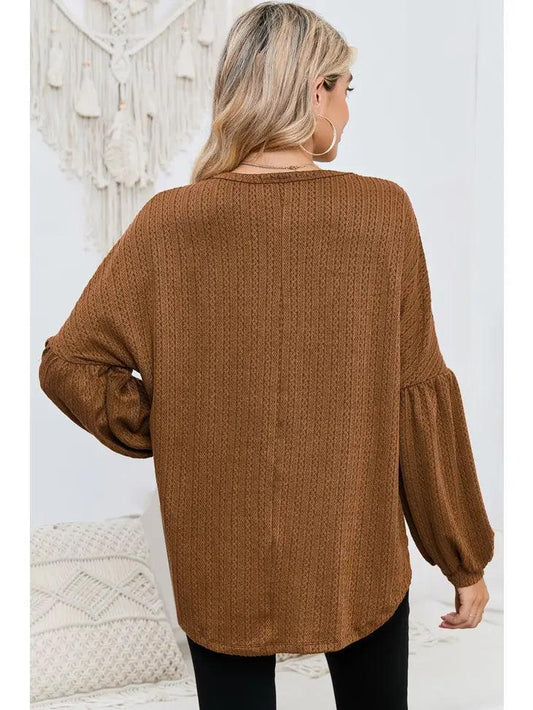 Brown Faux Knit Jacquard Puffy Long Sleeve Top shirt