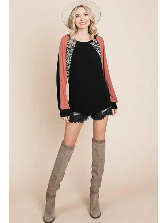 Color Block Animal Print Contrast Top shirt