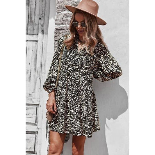 V Neck Polka Dot Long Sleeve Dress Dress Black