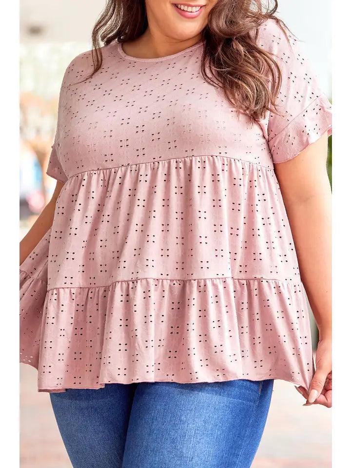 Plus Size Eyelet Pattern Ruffle Sleeve Babydoll Top Tops 3X