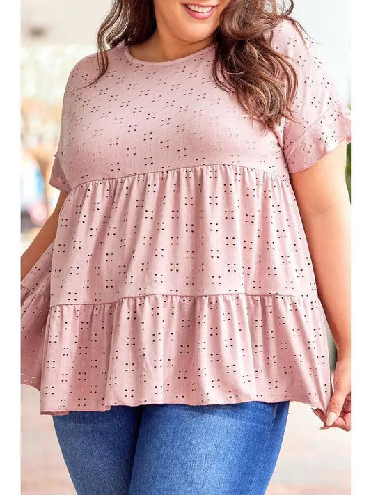 Plus Size Eyelet Pattern Ruffle Sleeve Babydoll Top Tops 3X