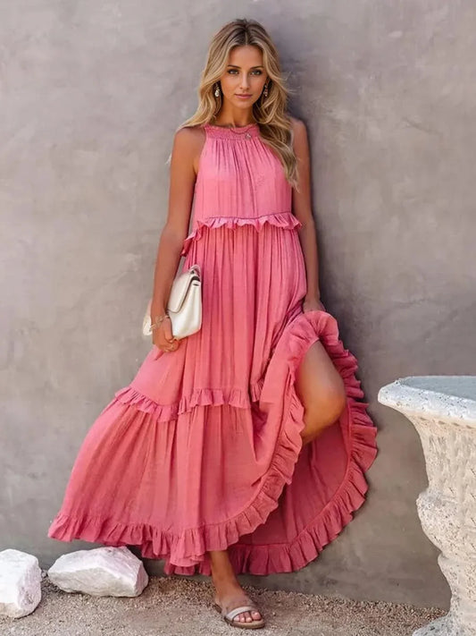 Ruffled Sleeveless Tiered Maxi Dress with Pockets Dress Watermelon pink