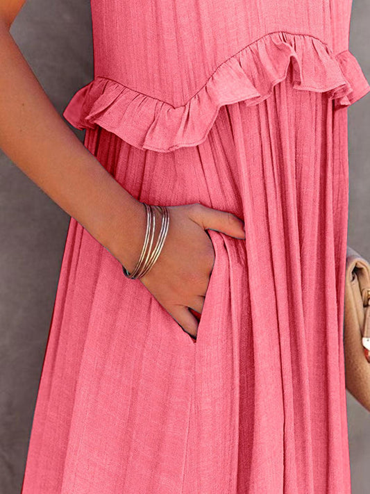 Ruffled Sleeveless Tiered Maxi Dress with Pockets Dress