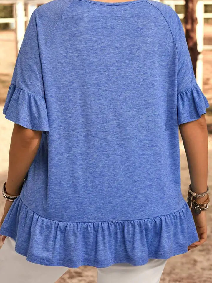 Dusk Blue Ruffled Short Sleeve Plus Size Casual Blouse Tops