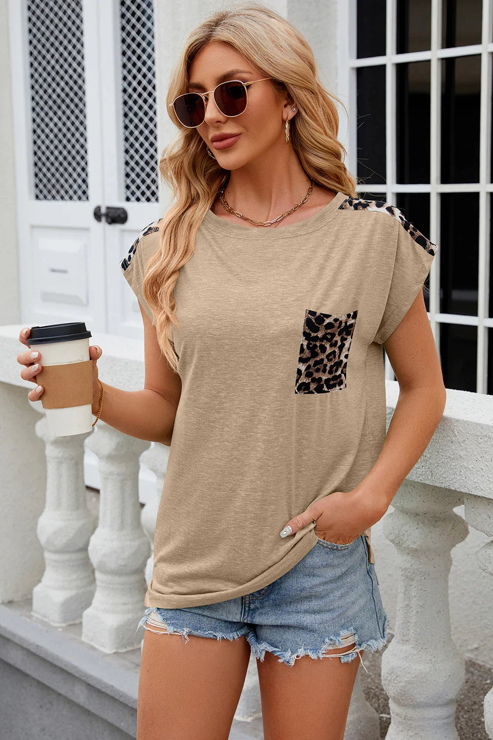 Leopard Round Neck Cap Sleeve T-Shirt Tops Khaki