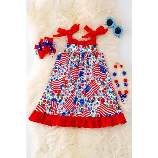 Patriotic Printed Dress W/Red Ruffle Hem dress