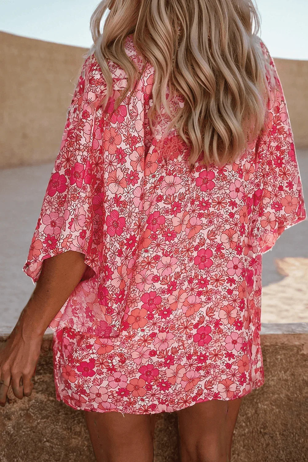 Boho Floral V Neck Kimono Style Blouse Shirt