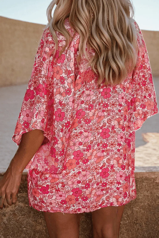 Boho Floral V Neck Kimono Style Blouse Shirt