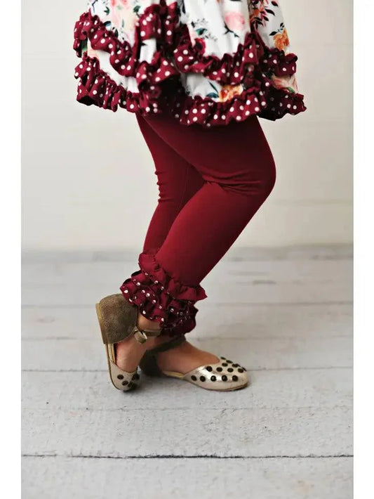 Kids Wine Winter Floral Ruffle Pant Two Piece Set Clothing Set