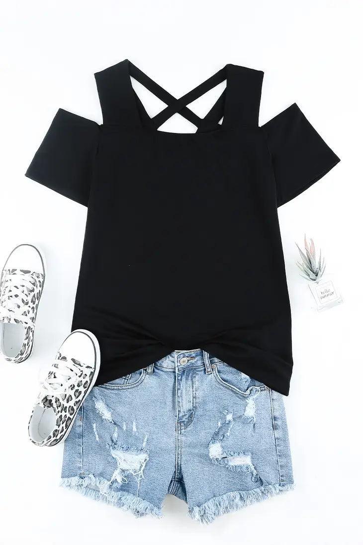 Black Criss-Cross Cut Out Short Sleeve Top shirt