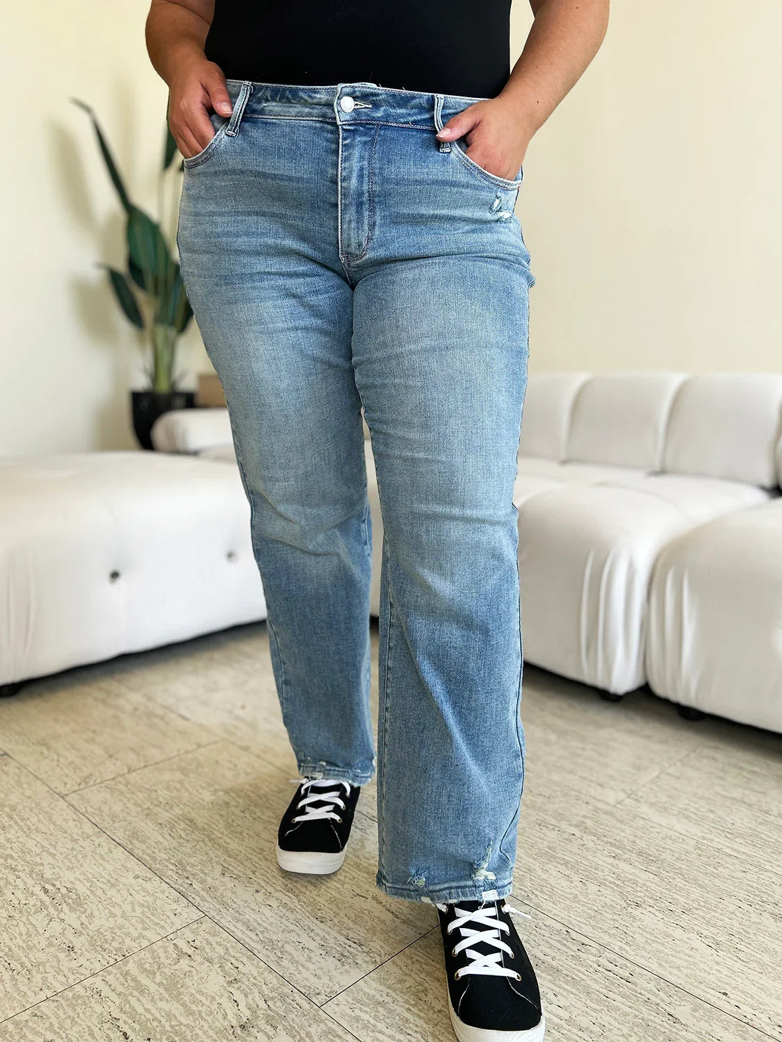 Judy Blue Full Size Mid Rise Distressed Straight Jeans Judy Blue