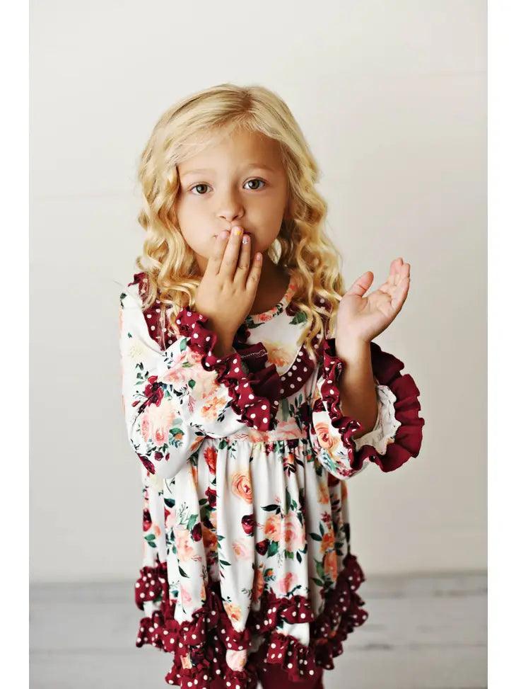 Kids Wine Winter Floral Ruffle Pant Two Piece Set Clothing Set