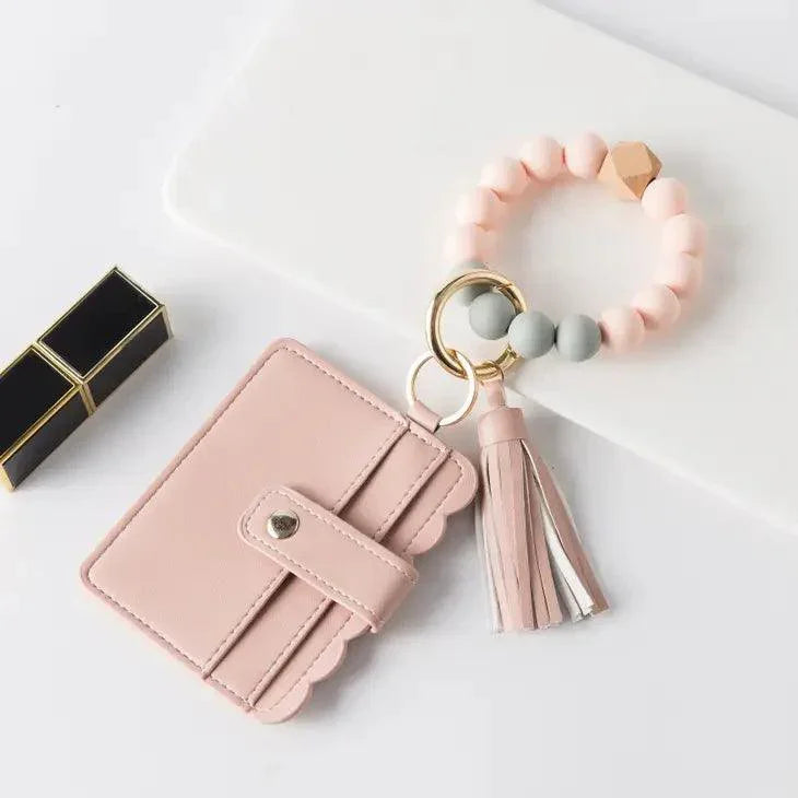 Silicone Beaded Wristlet Keychain Wallet wristlet keychain Pink