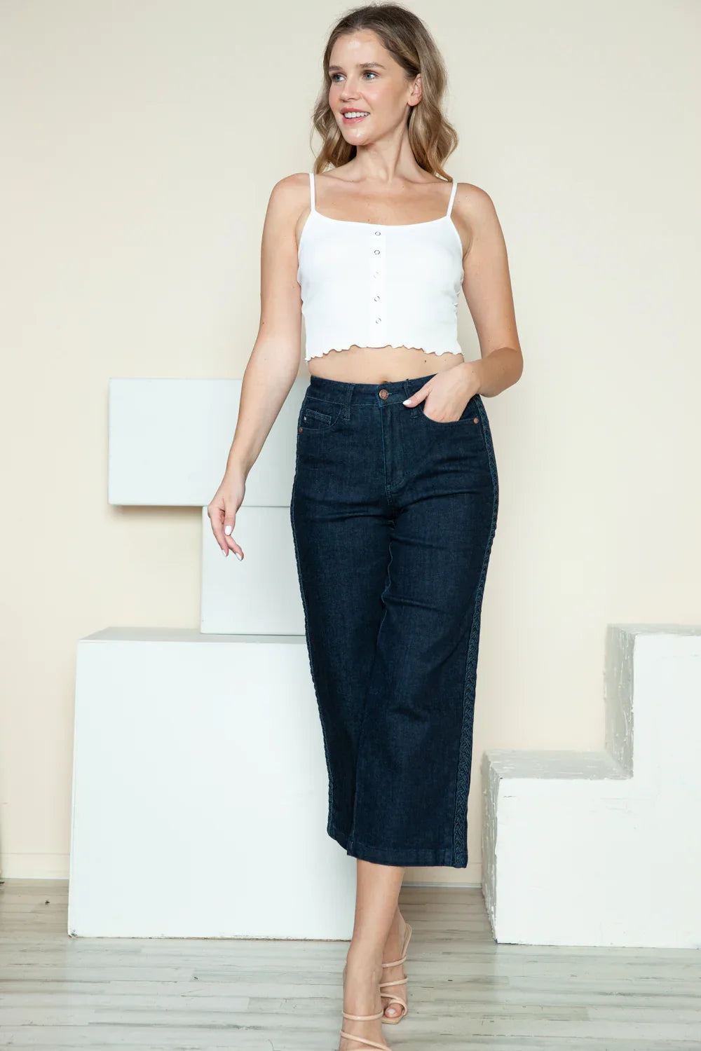 Judy Blue Full Size Side Seam Braid Detail Crop Wide Leg Jeans Judy Blue
