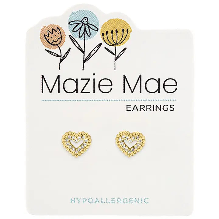 Mazie Mae Earring: Gold Double Boarded CZ Heart Stud Earrings