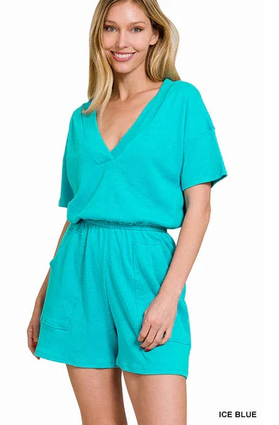 DROP SHOULDER V-NECK ROMPER WITH POCKETS rompers Ice Blue