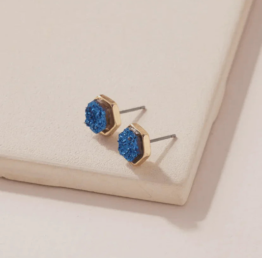 Hexagon Druzy Stone Stud Earrings