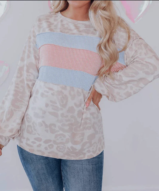 Animal Print Contrast Patchwork Puff Sleeve