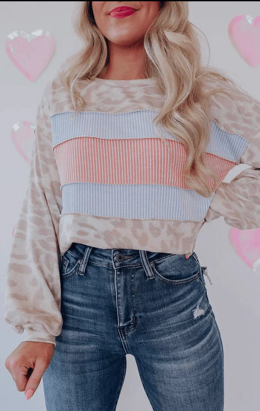 Animal Print Contrast Patchwork Puff Sleeve